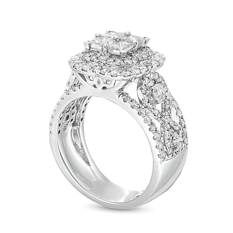 2.5 CT. TW Quad Princess-Cut Diamond Double Quatrefoil Frame Engagement Ring in 14K White Gold