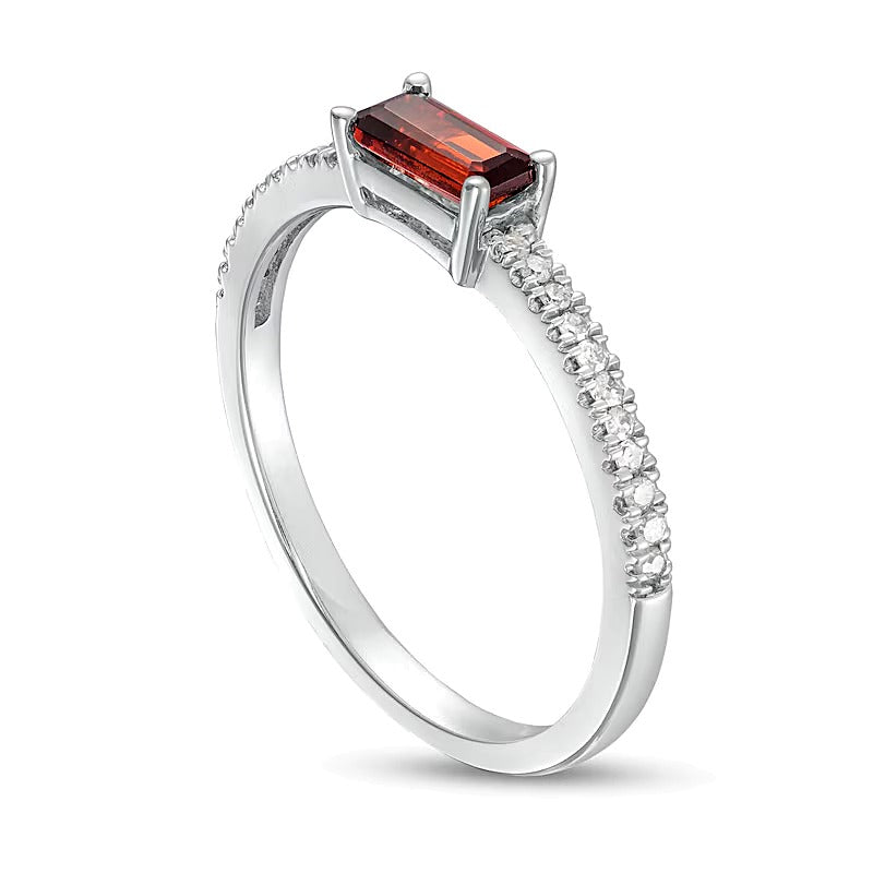 Sideways Baguette Garnet and 0.1 CT. TW Diamond PavÃ© Ring in 10K White Gold