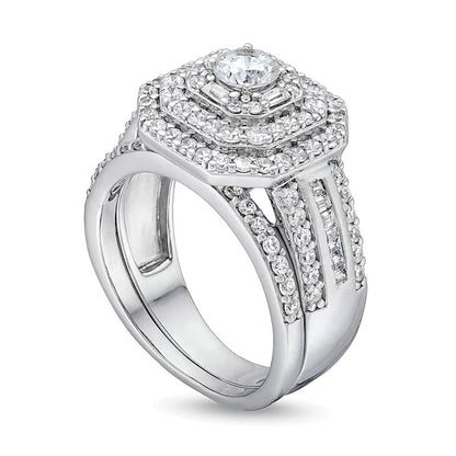 1.5 CT. TW Diamond Cushion Triple Row Octagon Frame Bridal Set in 10K White Gold