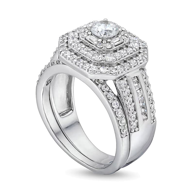 1.5 CT. TW Diamond Cushion Triple Row Octagon Frame Bridal Set in 10K White Gold