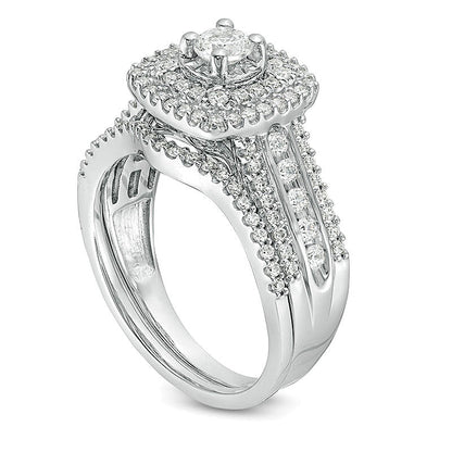 1.0 CT. TW Diamond Double Cushion Frame Multi-Row Bridal Set in 10K White Gold