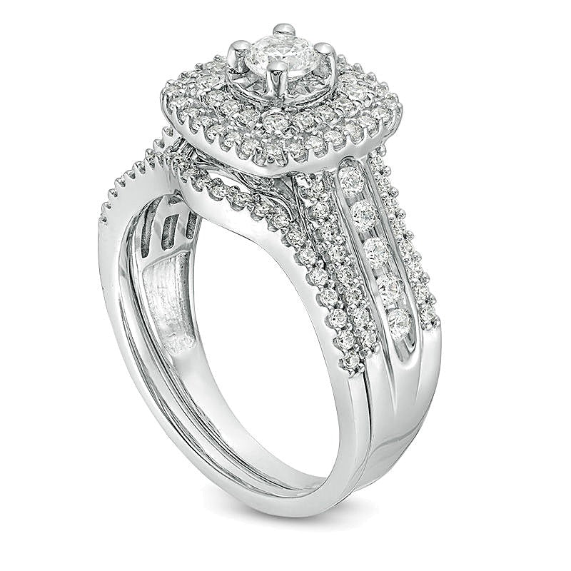 1.0 CT. TW Diamond Double Cushion Frame Multi-Row Bridal Set in 10K White Gold