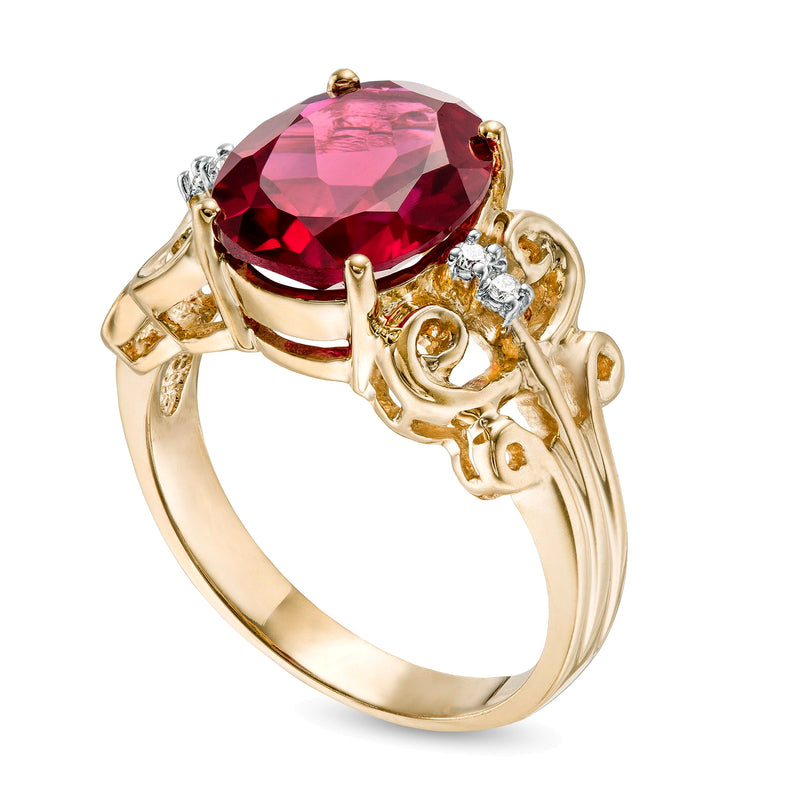 Oval Lab-Created Ruby and 0.05 CT. TW Diamond Vintage-Style Scroll Ring in 10K Gold