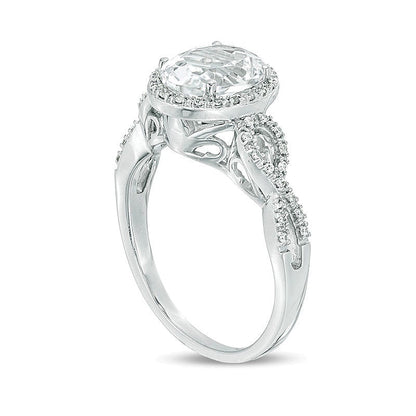 Oval Lab-Created White Sapphire and 0.17 CT. TW Diamond Frame Infinity Shank Engagement Ring in Sterling Silver