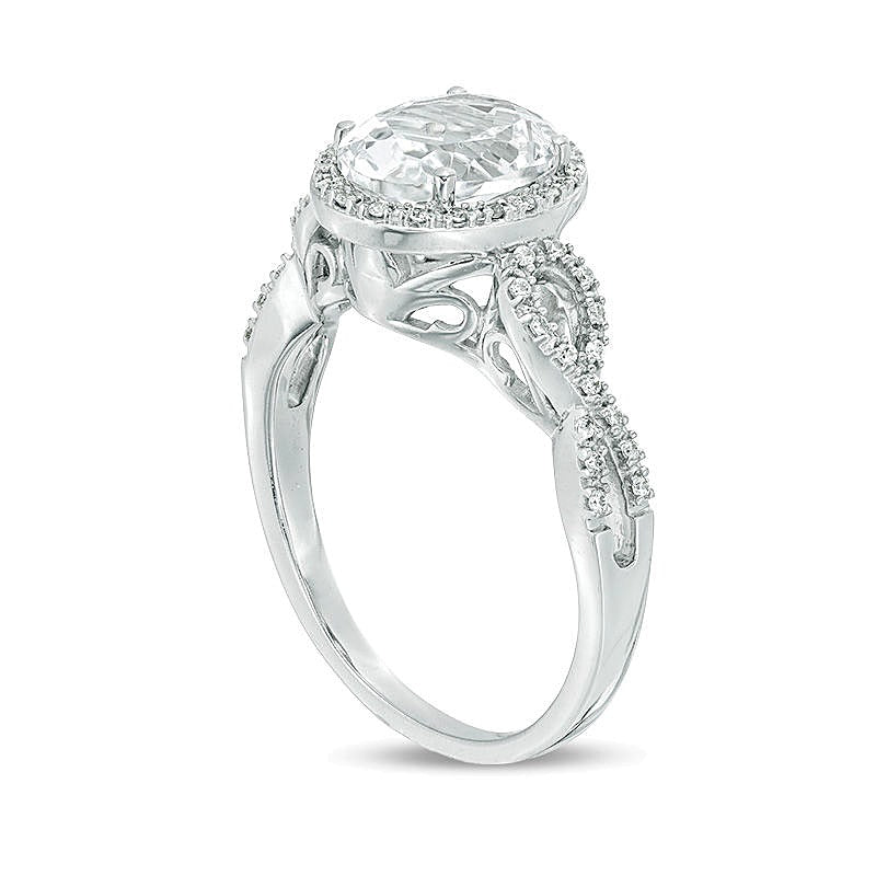 Oval Lab-Created White Sapphire and 0.17 CT. TW Diamond Frame Infinity Shank Engagement Ring in Sterling Silver