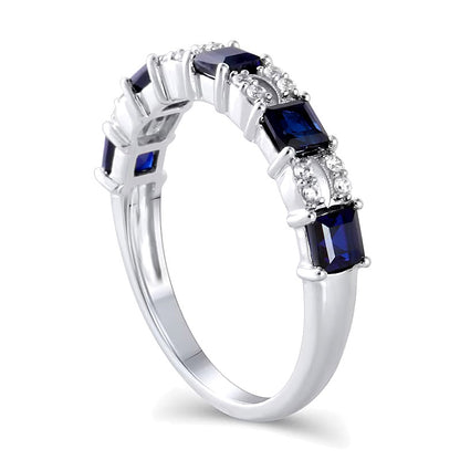 Princess-Cut Blue Sapphire and 0.1 CT. TW Diamond Split Duo Five Stone Alternating Ring in 10K White Gold