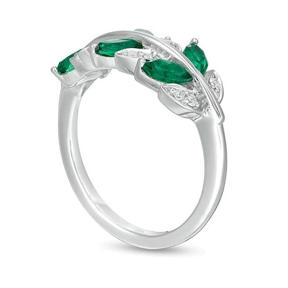 Marquise Lab-Created Emerald and 0.07 CT. TW Diamond Leaves Ring in Sterling Silver