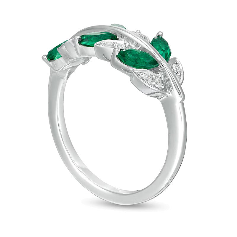 Marquise Lab-Created Emerald and 0.07 CT. TW Diamond Leaves Ring in Sterling Silver