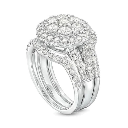 2.25 CT. TW Multi-Diamond Frame Multi-Row Split Shank Three Piece Bridal Set in 14K White Gold