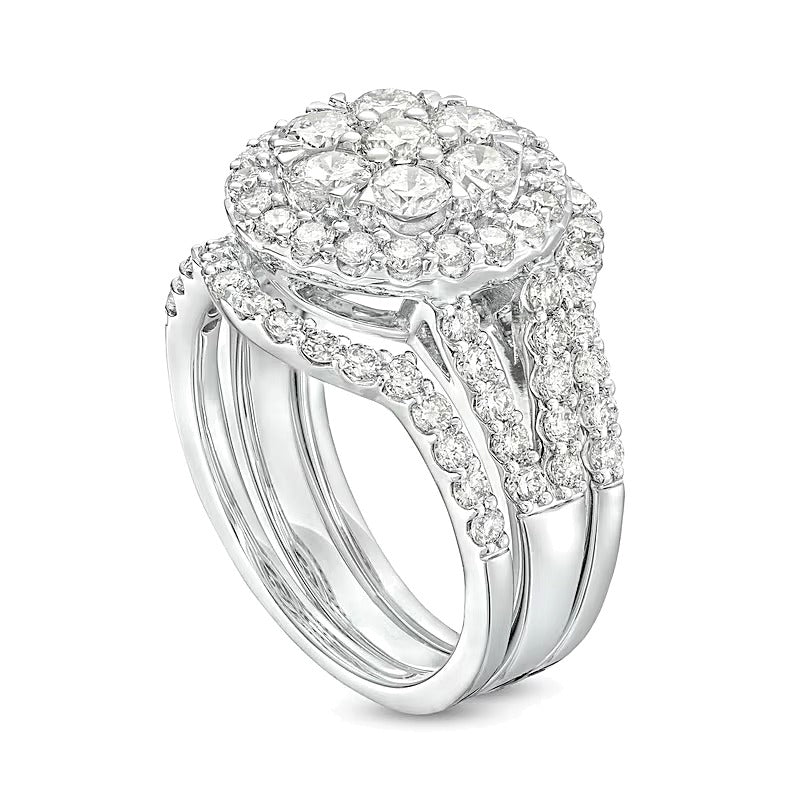 2.25 CT. TW Multi-Diamond Frame Multi-Row Split Shank Three Piece Bridal Set in 14K White Gold