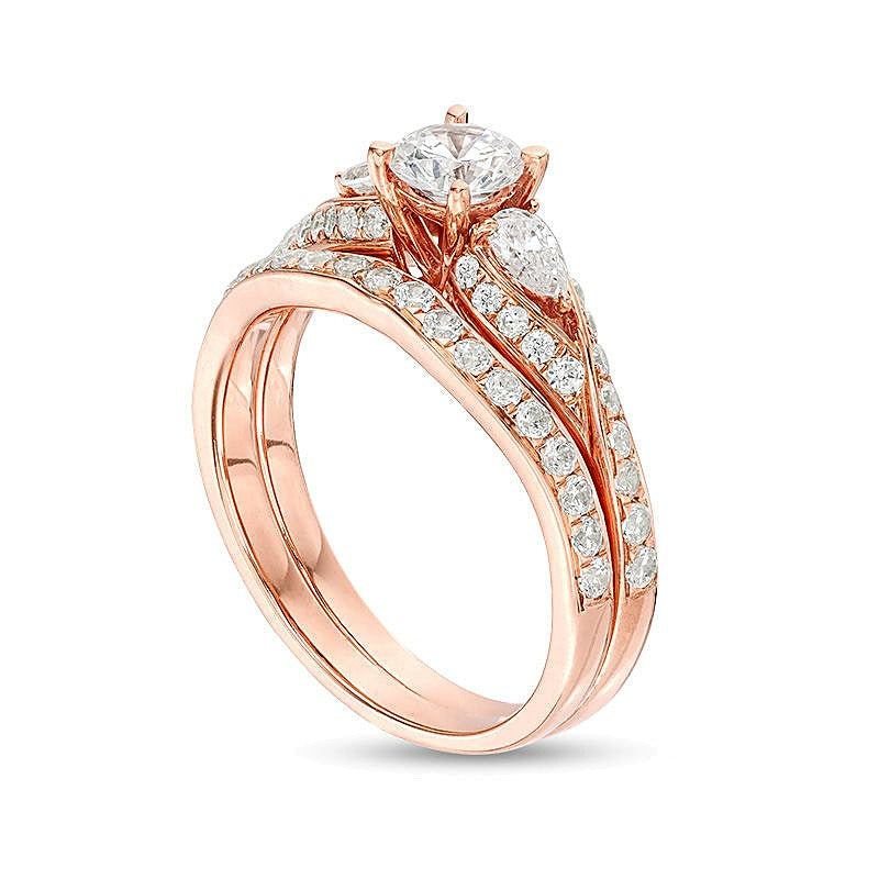 1.38 CT. TW Diamond Bypass Three Stone Bridal Set in 14K Rose Gold