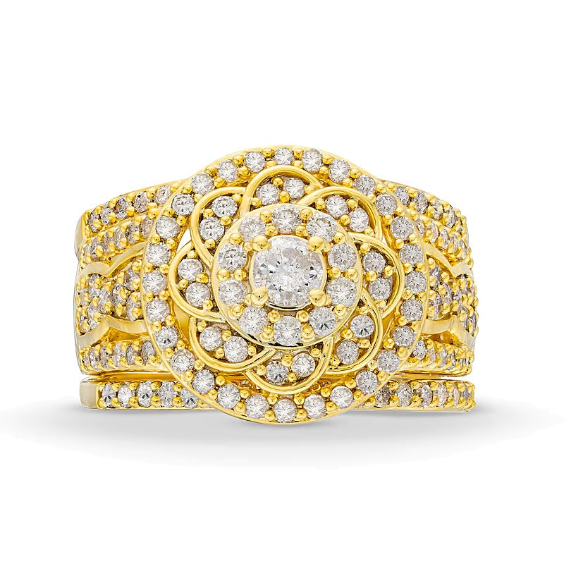 1.5 CT. TW Diamond Frame Celtic-Style Flower Bridal Set in 10K Gold