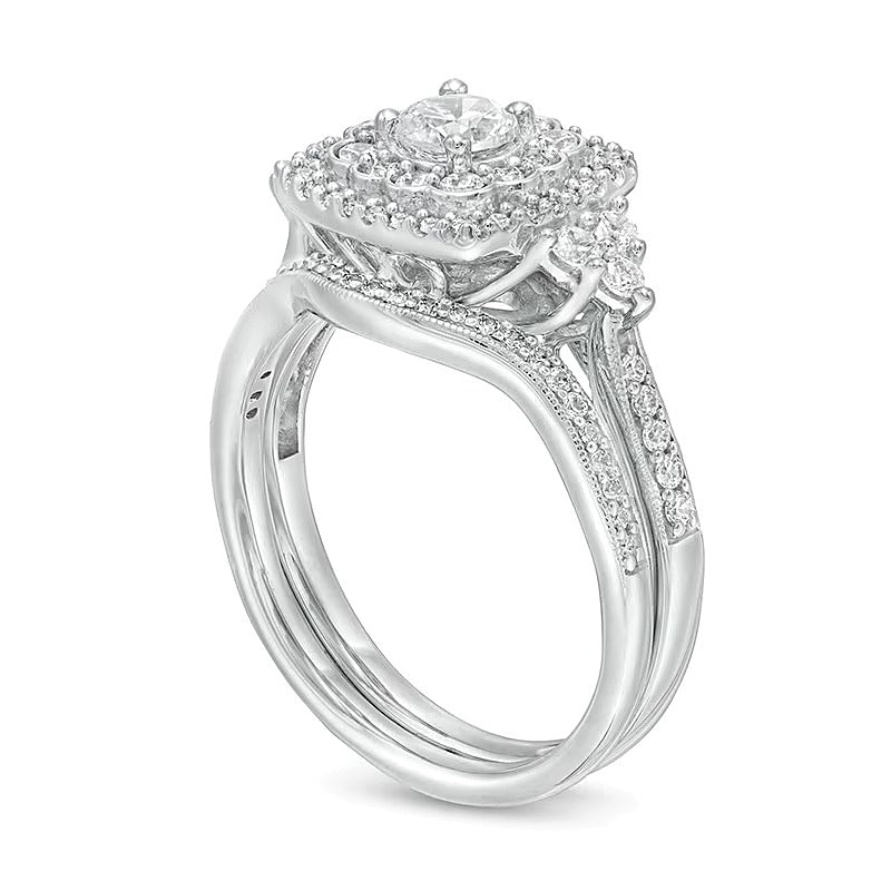 1.0 CT. TW Diamond Cushion Frame Tri-Sides Vintage-Style Bridal Set in 10K White Gold
