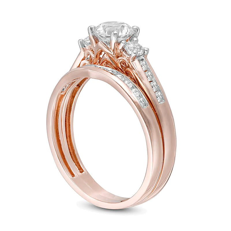 5.4mm Lab-Created White Sapphire Three Stone Bridal Set in 10K Rose Gold
