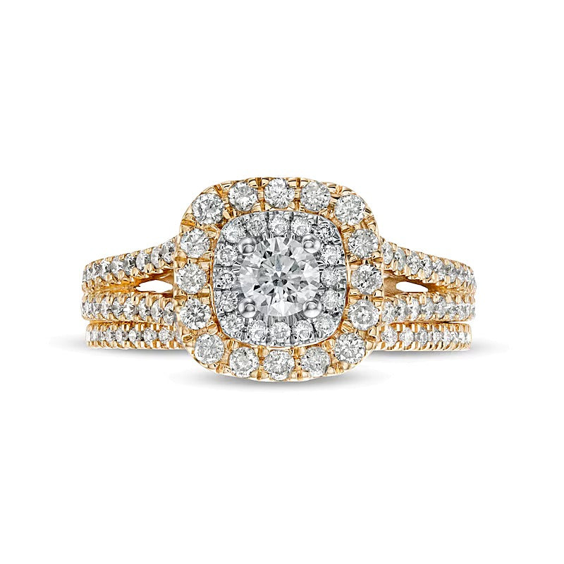 1.0 CT. TW Diamond Double Cushion-Shaped Frame Multi-Row Bridal Set in 10K Gold