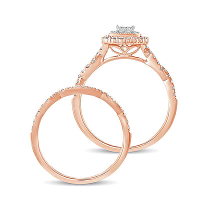 0.5 CT. TW Princess-Cut Quad Diamond Frame Twist Shank Bridal Set in 10K Rose Gold