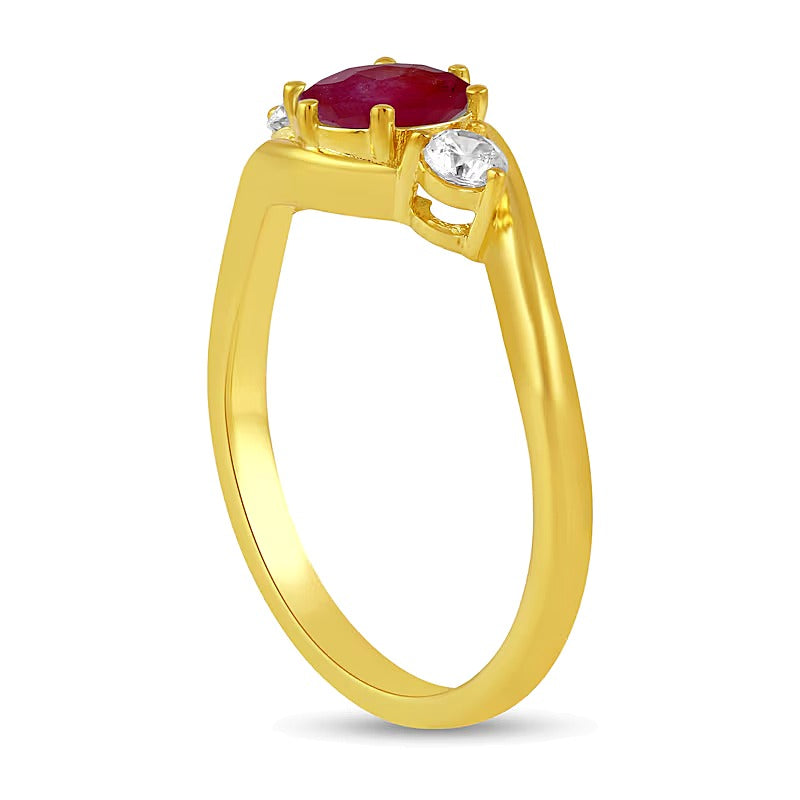 6.0mm Ruby and 0.2 CT. TW Lab-Grown Diamond Three Stone Bypass Ring in 14K Gold