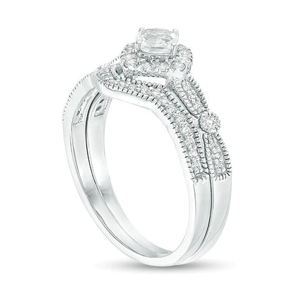 4.0mm Cushion-Cut Lab-Created White Sapphire Frame Vintage-Style Bridal Set in 10K White Gold