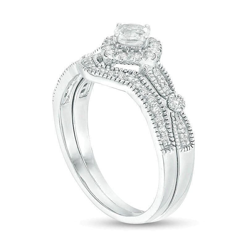 4.0mm Cushion-Cut Lab-Created White Sapphire Frame Vintage-Style Bridal Set in 10K White Gold
