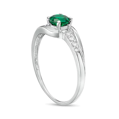 5.0mm Lab-Created Emerald and 0.07 CT. TW Diamond Split Shank Bypass Ring in 10K White Gold