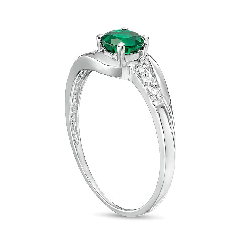 5.0mm Lab-Created Emerald and 0.07 CT. TW Diamond Split Shank Bypass Ring in 10K White Gold