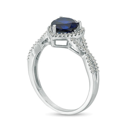 7.0mm Heart-Shaped Lab-Created Blue Sapphire and 0.2 CT. TW Diamond Frame Crossover Ring in 10K White Gold