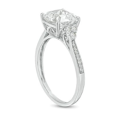 8.0mm Cushion-Cut Lab-Created White Sapphire and 0.05 CT. TW Diamond Tri-Sides Engagement Ring in 10K White Gold