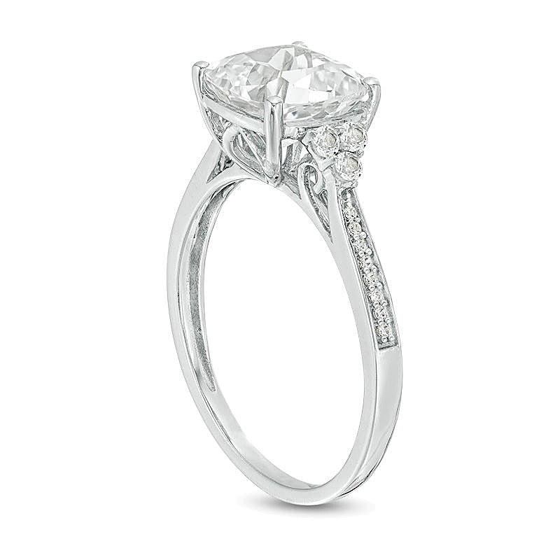 8.0mm Cushion-Cut Lab-Created White Sapphire and 0.05 CT. TW Diamond Tri-Sides Engagement Ring in 10K White Gold