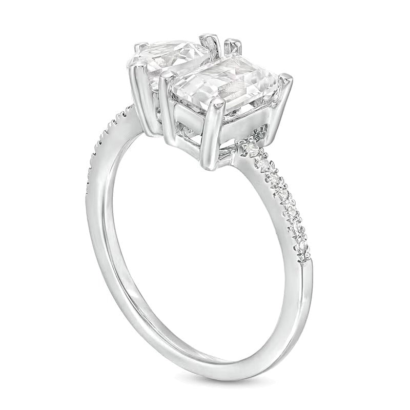 Heart-Shaped and Emerald-Cut White Lab-Created Sapphire and 0.07 CT. TW Diamond Ring in 10K White Gold