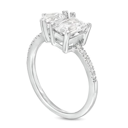 Heart-Shaped and Emerald-Cut White Lab-Created Sapphire and 0.07 CT. TW Diamond Ring in 10K White Gold