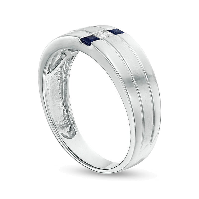 Square-Cut Blue Sapphire and 0.07 CT. Diamond Linear Three Stone Ring in 10KWhite Gold