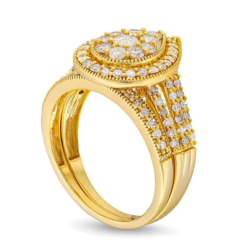 1.25 CT. TW Pear Multi-Diamond Teardrop Frame Split Shank Vintage-Style Bridal Set in 10K Gold