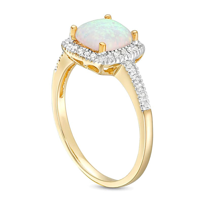 7.0mm Cushion-Shaped Cabochon Lab-Created Opal and 0.2 CT. TW Diamond Frame Ring in 10K Gold