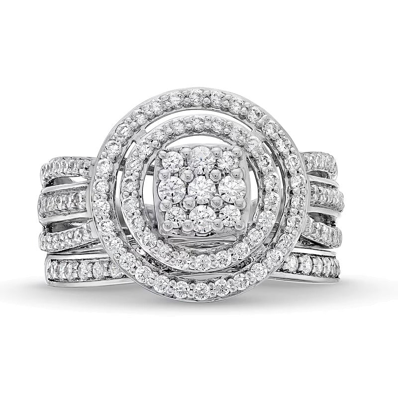 1.0 CT. TW Cushion Multi-Diamond Triple Row Split Shank Bridal Set in 10K White Gold