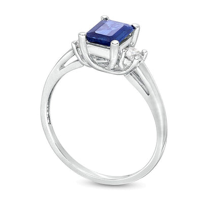 Emerald-Cut Blue Sapphire and 0.2 CT. TW Diamond Three Stone Ring in 14K White Gold