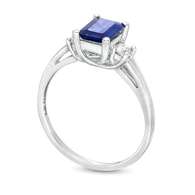 Emerald-Cut Blue Sapphire and 0.2 CT. TW Diamond Three Stone Ring in 14K White Gold
