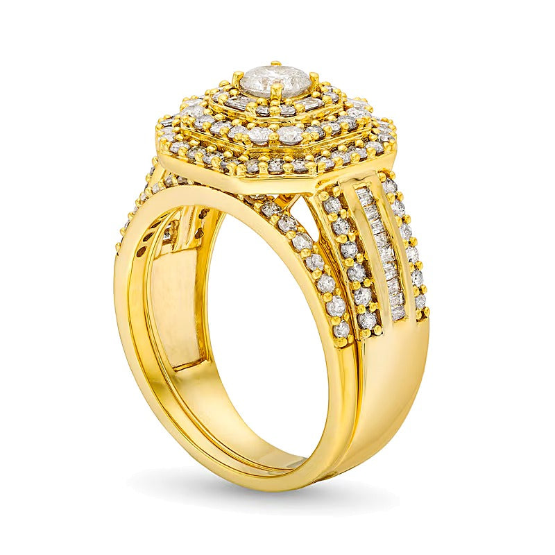 1.5 CT. TW Diamond Cushion Triple Row Octagon Frame Bridal Set in 10K Gold
