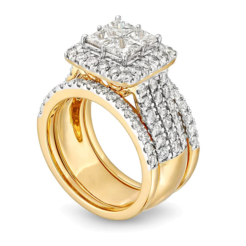 3.0 CT. TW Quad Princess-Cut Diamond Frame Multi-Row Three Piece Bridal Set in 14K Gold