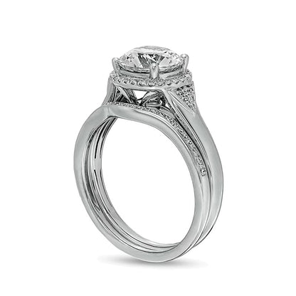 8.0mm White Lab-Created Sapphire and 0.2 CT. TW Diamond Frame Chevron Size Accent Bridal Set in Sterling Silver