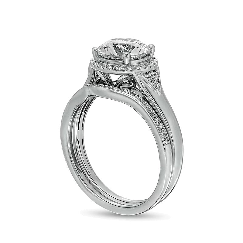 8.0mm White Lab-Created Sapphire and 0.2 CT. TW Diamond Frame Chevron Size Accent Bridal Set in Sterling Silver