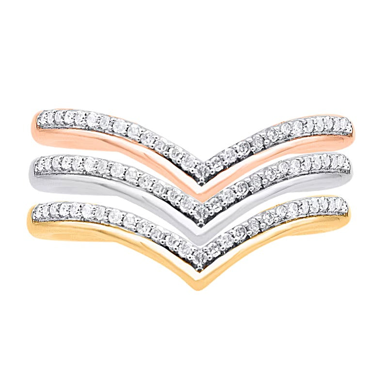 0.33 CT. TW Diamond and Polished Border Chevron Three Piece Stackable Ring Set in Sterling Silver and Two-Tone Rhodium
