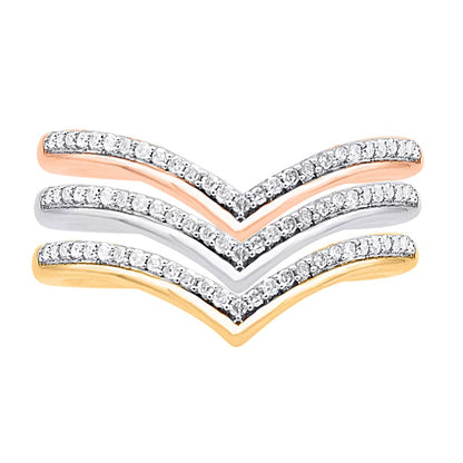 0.33 CT. TW Diamond and Polished Border Chevron Three Piece Stackable Ring Set in Sterling Silver and Two-Tone Rhodium