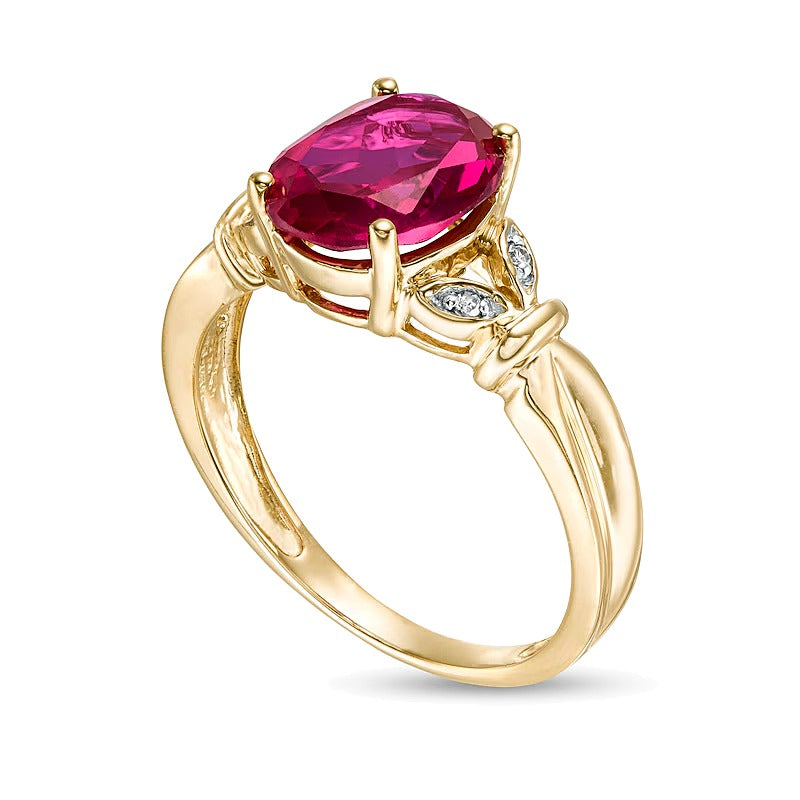 Oval Lab-Created Ruby and Diamond Accent Leaf Split Shank Ring in 10K Gold
