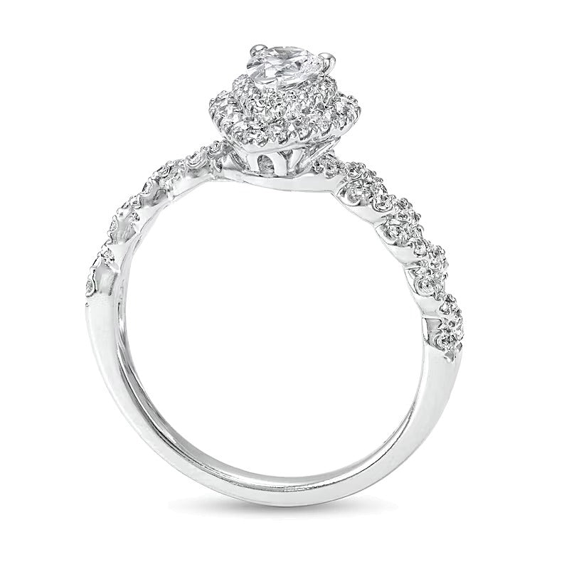 1.0 CT. TW Pear-Shaped Diamond Double Frame Twist Shank Engagement Ring in 14K White Gold