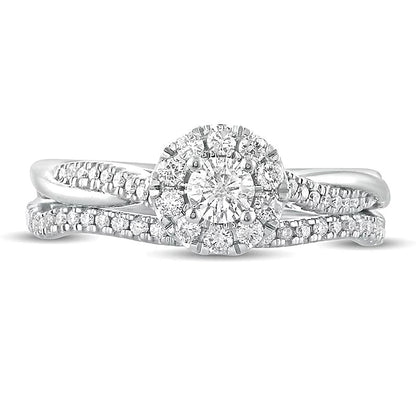 0.5 CT. TW Diamond Frame Twist Shank Bridal Set in 10K White Gold