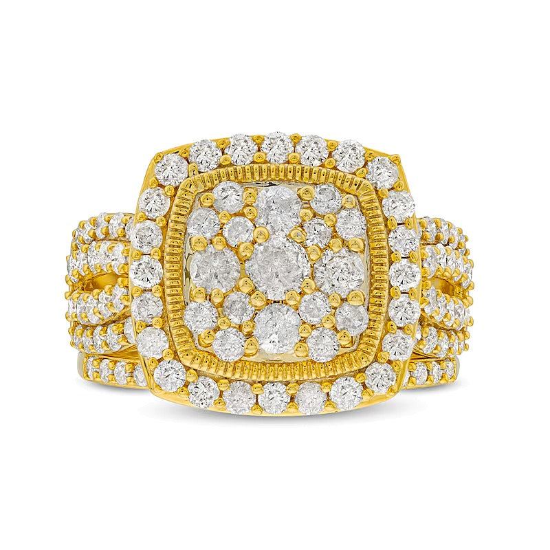 2.0 CT. TW Cushion Multi-Diamond Frame Split Shank Vintage-Style Bridal Set in 10K Gold