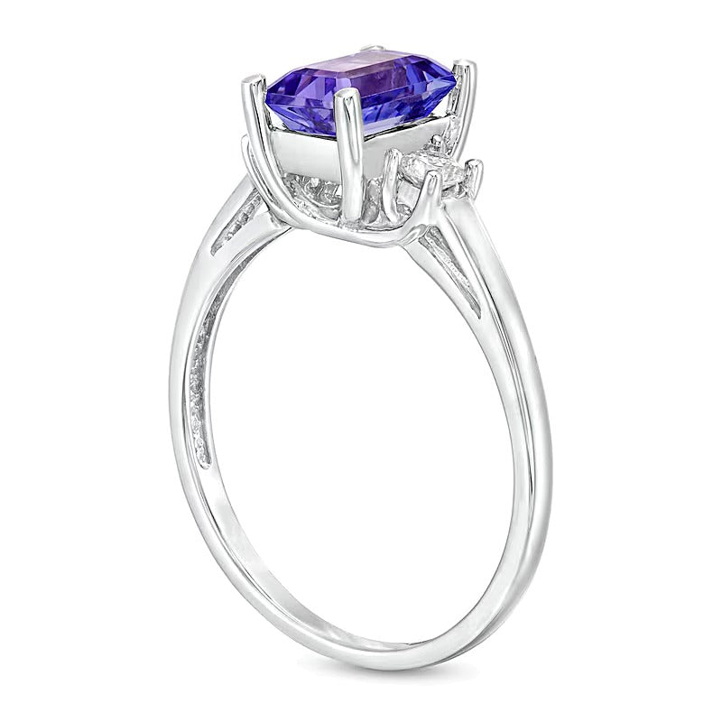 Emerald-Cut Tanzanite and 0.2 CT. TW Diamond Three Stone Ring in 14K White Gold