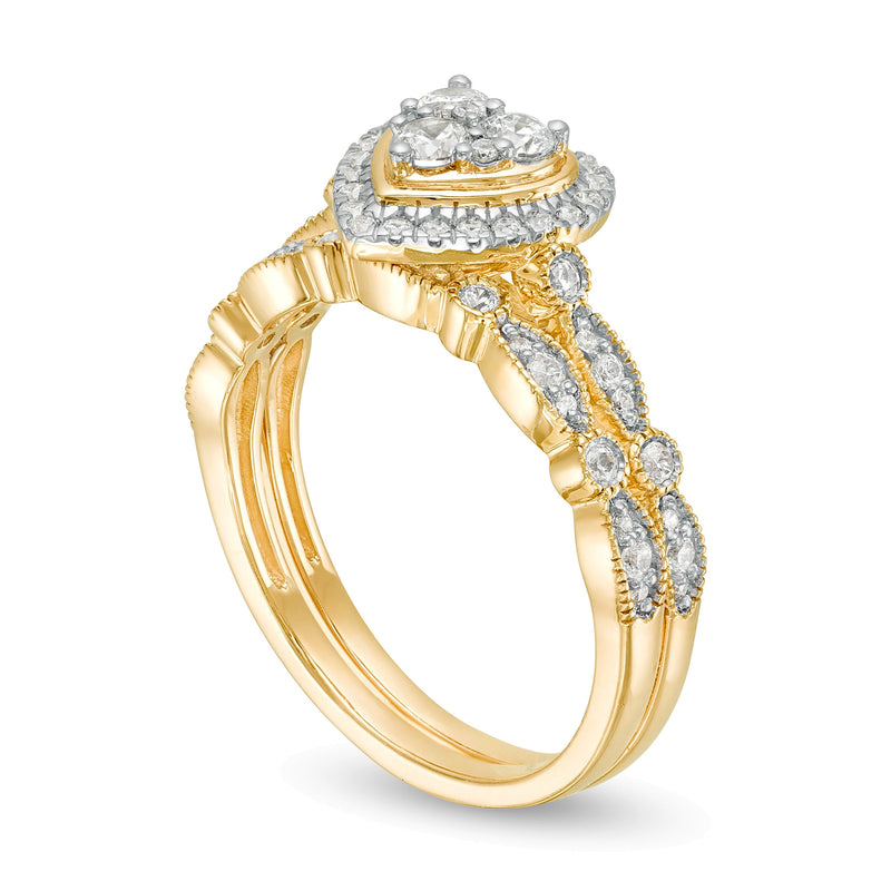 0.5 CT. TW Multi-Diamond Heart Frame Alternating Marquise Vintage-Style Bridal Set in 10K Gold