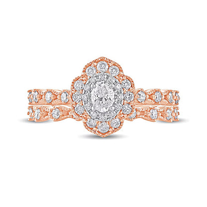 0.63 CT. TW Oval Diamond Frame Vintage-Style Bridal Set in 10K Rose Gold