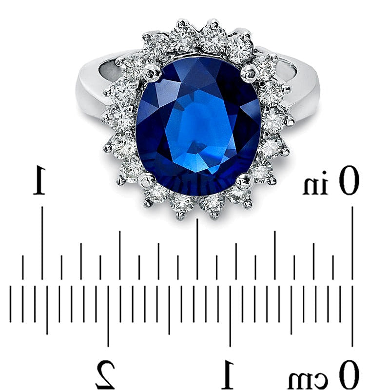 Oval Blue Sapphire and 0.63 CT. TW Diamond Frame Engagement Ring in 14K White Gold